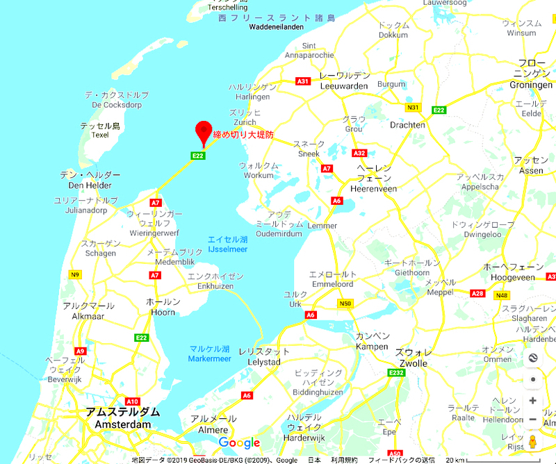 締め切り大堤防の位置（Googleマップ）