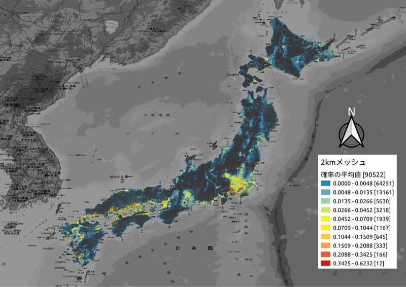 FRACTAが作成した全国の破損事故(または破損漏水事故)の発生確率の推計値(2kmメッシュ)