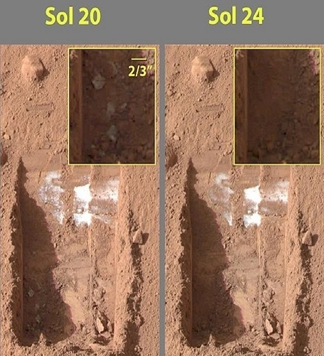 火星探査機フェニックスが掘った火星表面の変化（NASA）