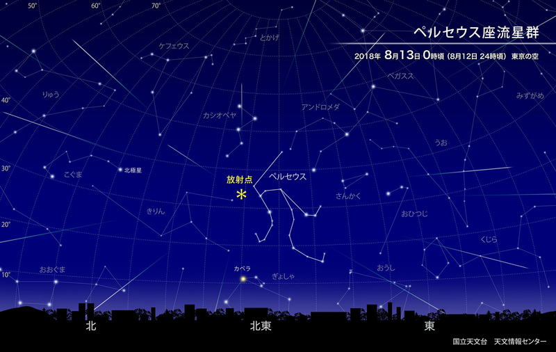 ペルセウス座流星群の見え方　北東の空に昇ってくるペルセウス座の方向から、空全体、四方八方に流れ星が出現する。ペルセウス座の方向のみ注目せず、街明りを避けて、空全体を見渡すようにしよう。提供：国立天文台