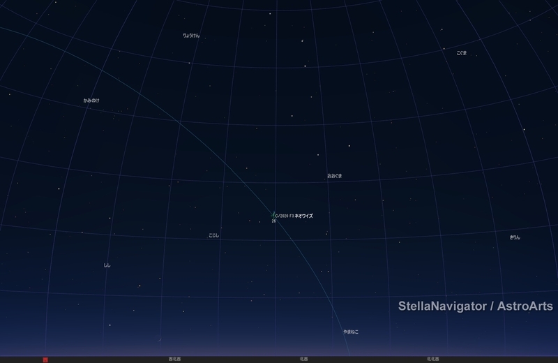 7月22日20時前後のネオワイズ彗星の位置　北西の空高度25度前後、上部に見られる北斗七星のひしゃくの星の並びを利用して彗星の位置を確認しよう（ステラーナビゲータ/アストロアーツにて作画）