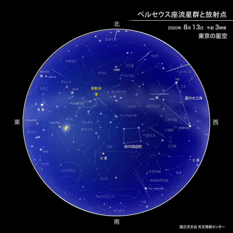今年のペルセウス座流星群の見え方　（提供：国立天文台）