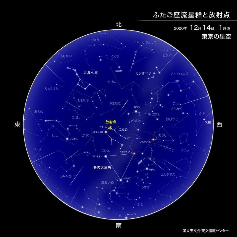 12月14日1時頃の星空　この時間帯は、ふたご座流星群の放射点が空高く、たくさんの出現が期待されます。（提供：国立天文台天文情報センター）
