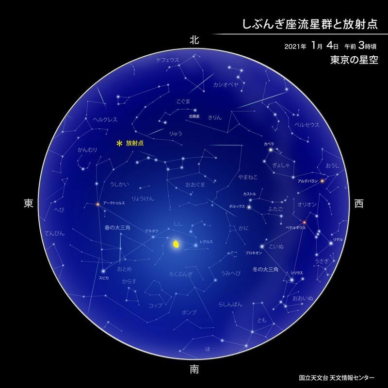 観察の好機となる2021年1月4日午前3時頃の放射点の位置　（提供：国立天文台天文情報センター）