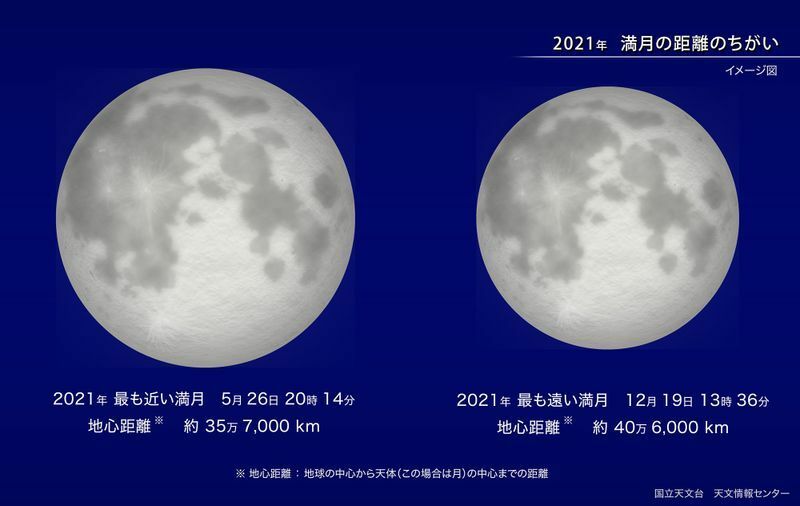 満月の大きさの違い（2021年）　11月19日の月食の月も12月の満月とほぼ同じく小さな満月となる。　クレジット：国立天文台