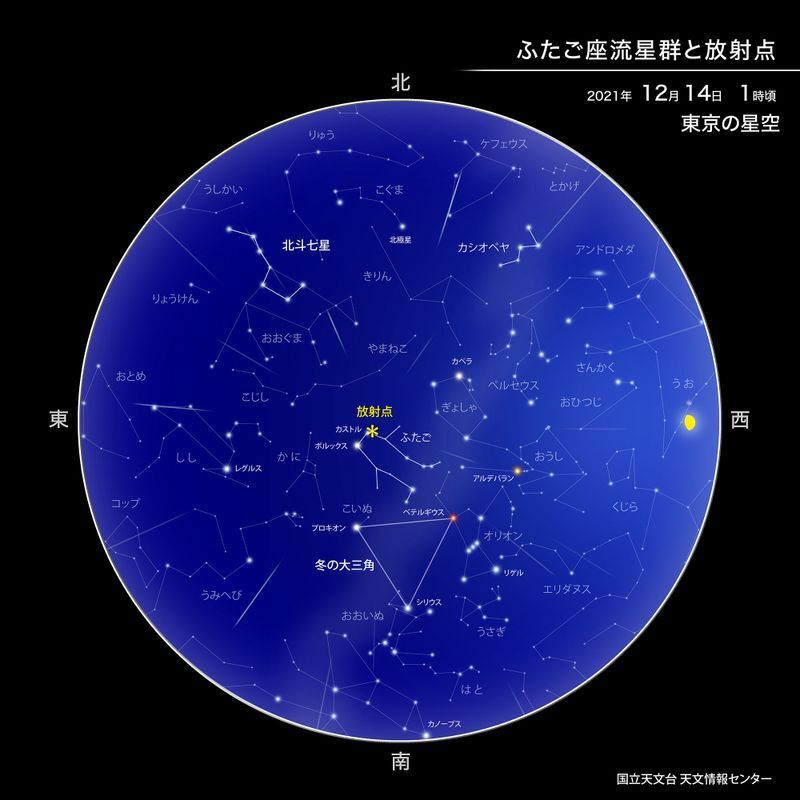 ふたご座流星群の放射点が天頂近くまで昇る深夜1時すぎから明け方（薄明が始まる頃）までが、観察の好機となります。（提供：国立天文台）