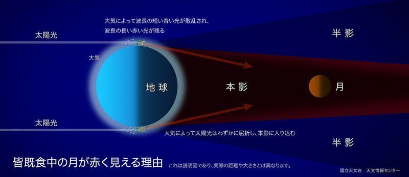 地球の大気中で太陽光のうち赤い光のみが大気を通過し、さらに屈折するため、本影中の月面に赤い光のみが届く。このため、赤銅色に皆既食中の月が輝く。地球大気の状態によって明るさは異なる。（提供：国立天文台）