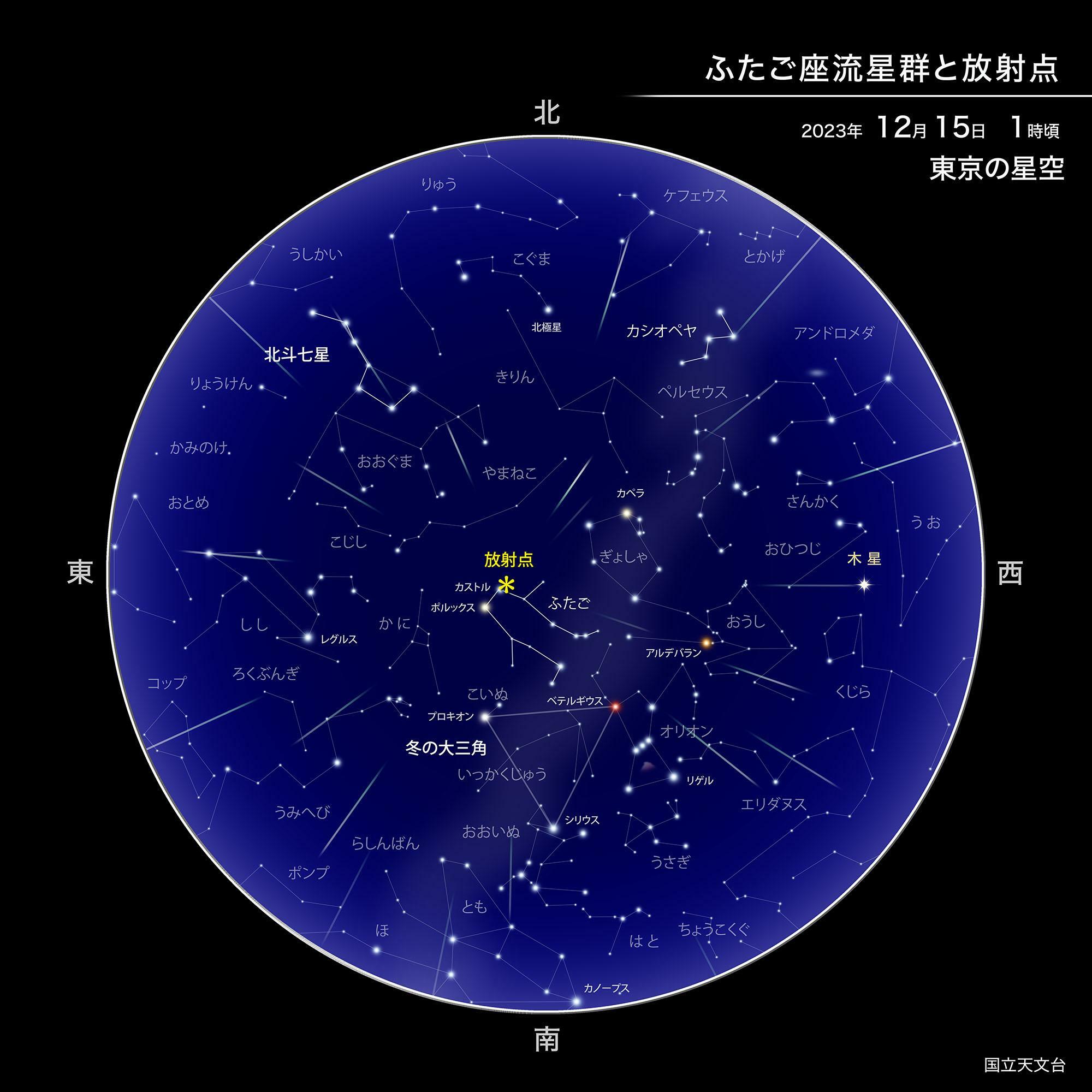 2023年12月15日午前1時頃の東京からの星空　放射点のあるふたご座が天頂近くに見える。　（提供：国立天文台）