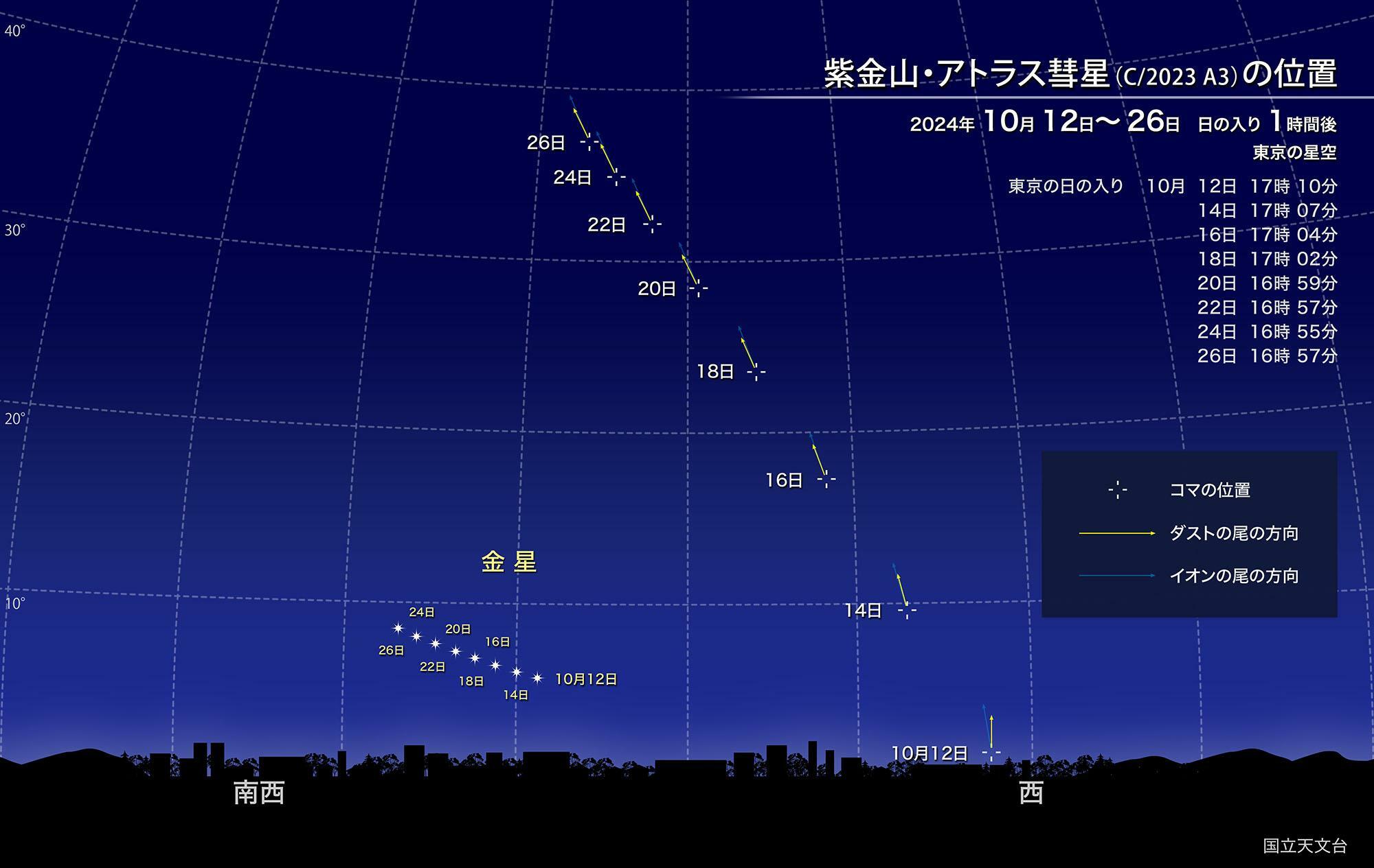 10月12日から26日までの紫金山・アトラス彗星の見つけ方。東京での日没1時間後の彗星の位置を示している。太陽から離れていくので、次第に見やすい高度になるが、彗星の明るさは次第に暗くなるだろう。