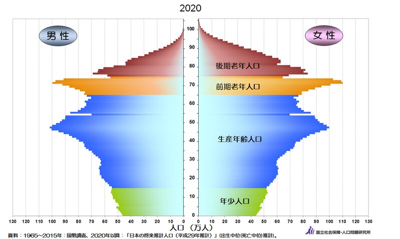 2020年の人口ピラミッド（国立社会保障・人口問題研究所）