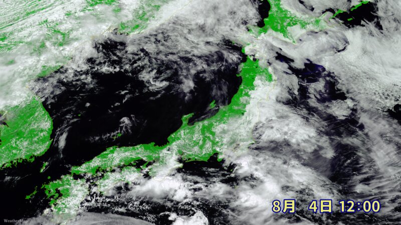 オホーツク海高気圧によって、東北太平洋側には低い雲が広がる（2017年8月4日/ウェザーマップ提供）