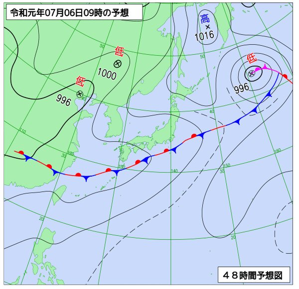 7月6日の予想天気図　オホーツク海に高気圧がある（気象庁ホームページ）