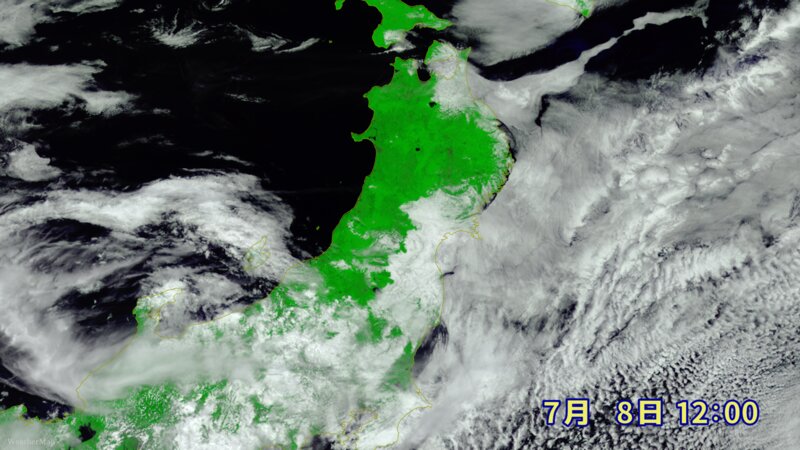 7月8日12時の気象衛星画像　オホーツク海高気圧の影響で、宮城県付近は低い雲に覆われた（ウェザーマップ提供）