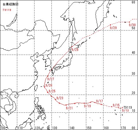 1991年台風19号「リンゴ台風」の経路（気象庁ホームページ）
