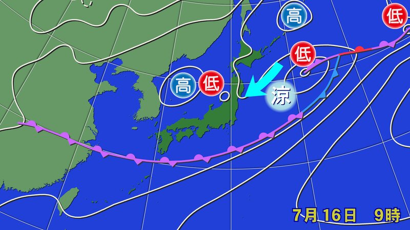 7月16日の天気図　仙台の最高気温は19℃だった（ウェザーマップ提供）