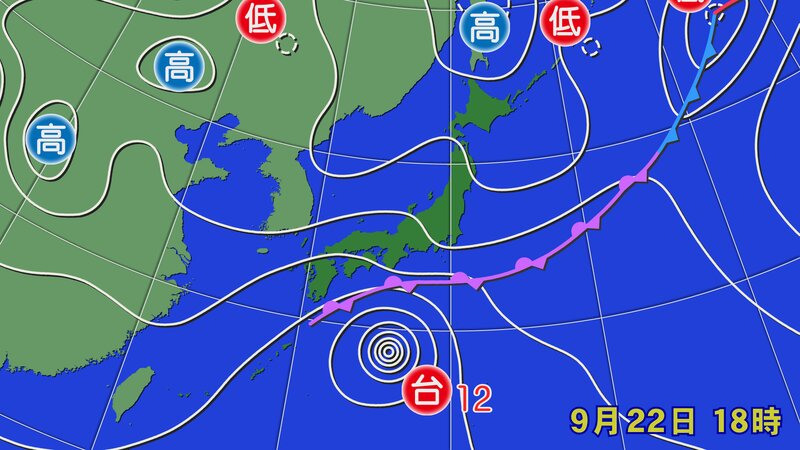 22日(火)18時の実況天気図（ウェザーマップ提供）
