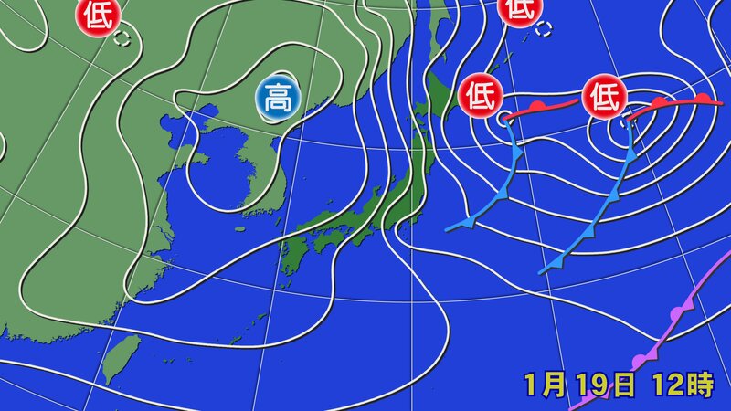 1月19日正午の実況天気図（ウェザーマップ提供）