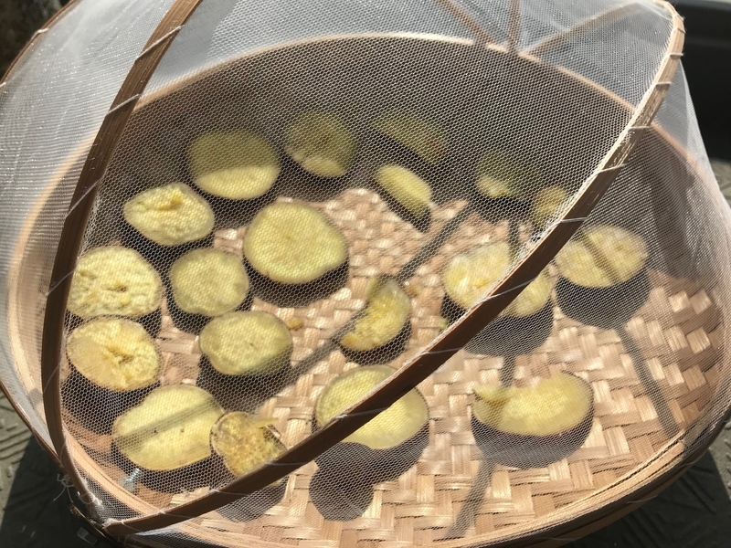 乾物を作るザルで作った干し芋（筆者撮影）