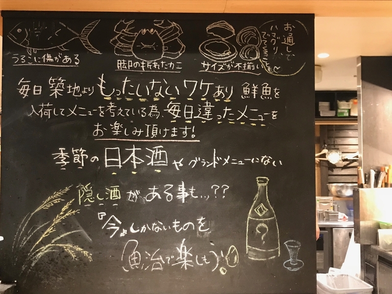 カウンターの上に掲げられた黒板にも、店のコンセプトと、魚がなぜ「もったいない」のか、その理由がイラストと文字で描かれている（筆者撮影）