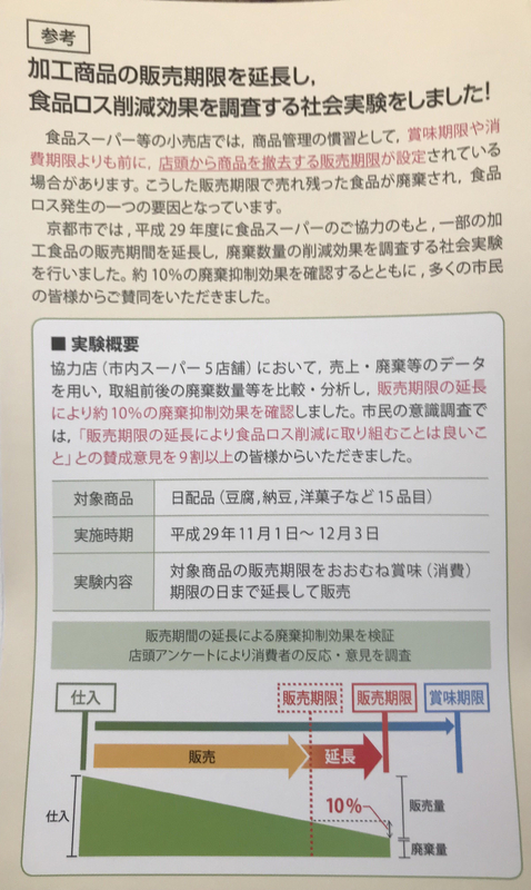 京都市が事業者の協力を得て2017年11月に行なったスーパーでの実証実験結果は啓発資料に掲載されている（筆者撮影）