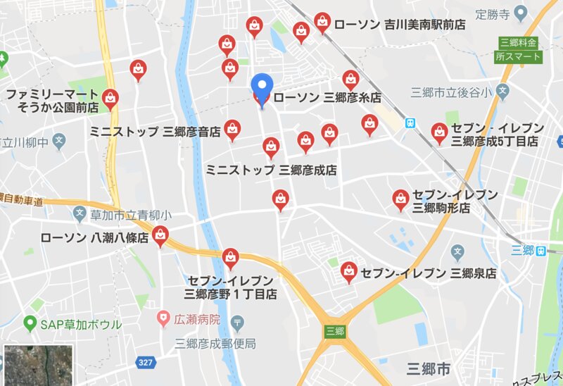 ローソン三郷彦糸(みさとひこいと)店の周辺のコンビニ（Google Mapによる）
