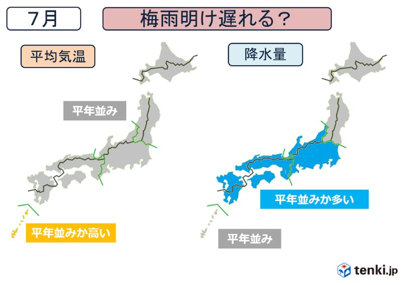 2019年7月の平均気温と降水量の予測（日本気象協会提供、2019年6月14日時点）