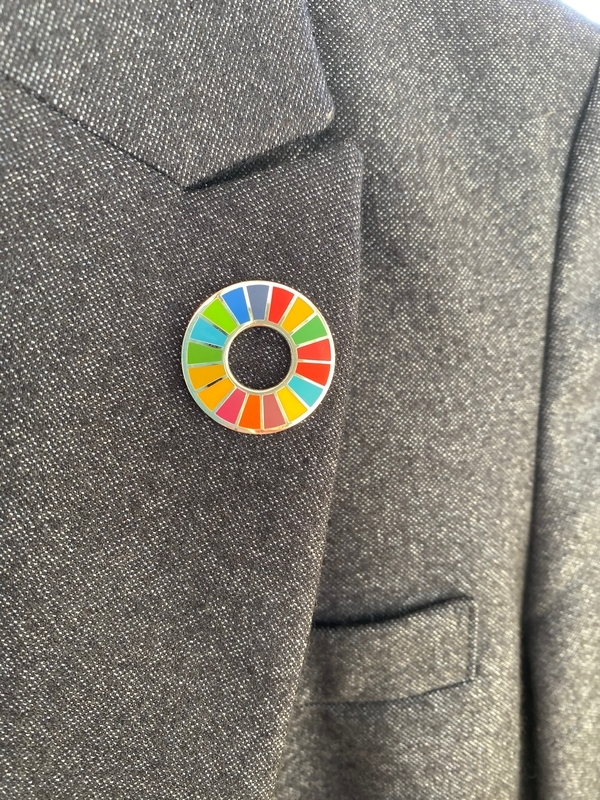SDGs（エスディージーズ：持続可能な開発目標）のバッジ（筆者撮影）