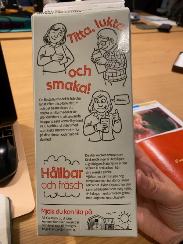 スウェーデンでも「目で見て、においを嗅いで、五感で確認して飲食しよう」と呼びかけるパッケージが取り入れられている（筆者撮影）
