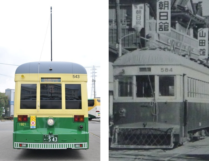 神都バスと当時の電車。543号車とは救助網の形が異なる。(写真提供：中野本一氏)