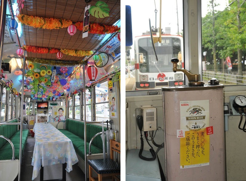 夏祭りの雰囲気満点な、豊橋鉄道のビール電車車内。運転台にまでポスターが。