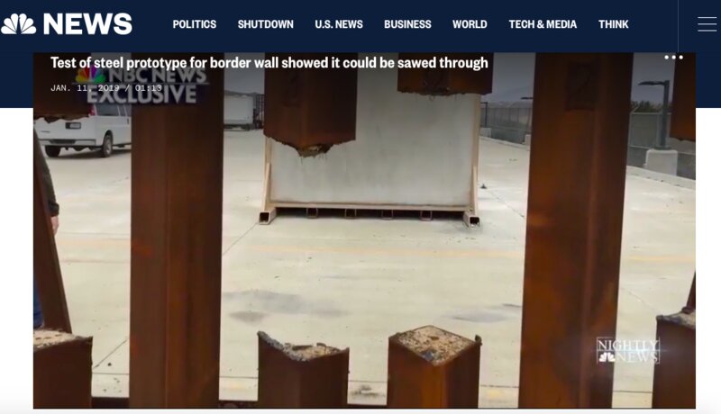 プロトタイプの壁に使われた鋼鉄製の柱は、のこぎりで切断可能であることがわかった。（写真：nbcnews.com）
