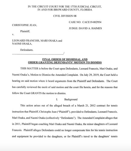 裁判所の棄却命令文。元コーチの訴えは「契約違反」、「不当利益」ともに棄却された。出典：law.com