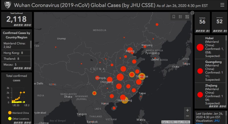 米ジョンズ・ホプキンス大学の作った、ほぼリアルタイムの世界の感染者マップ。画像：gisanddata.maps.arcgis.com