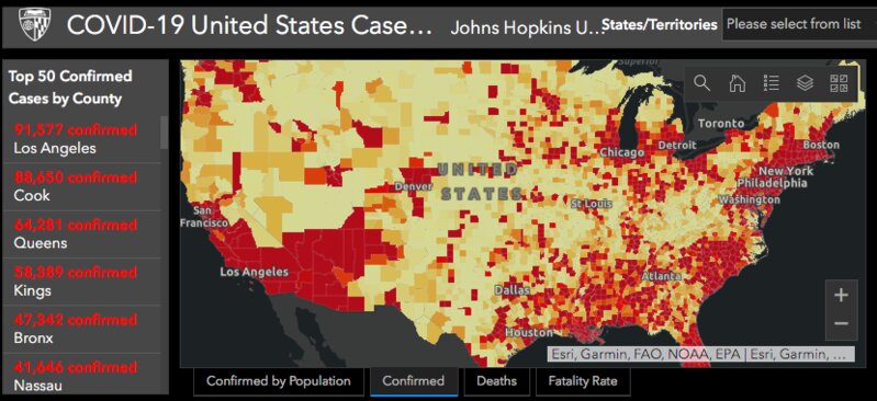 ロサンゼルス郡の新型コロナウイルスによる感染者数は、全米の郡の中では最多となった。出典：Johns Hopkins Coronavirus Resource Center 