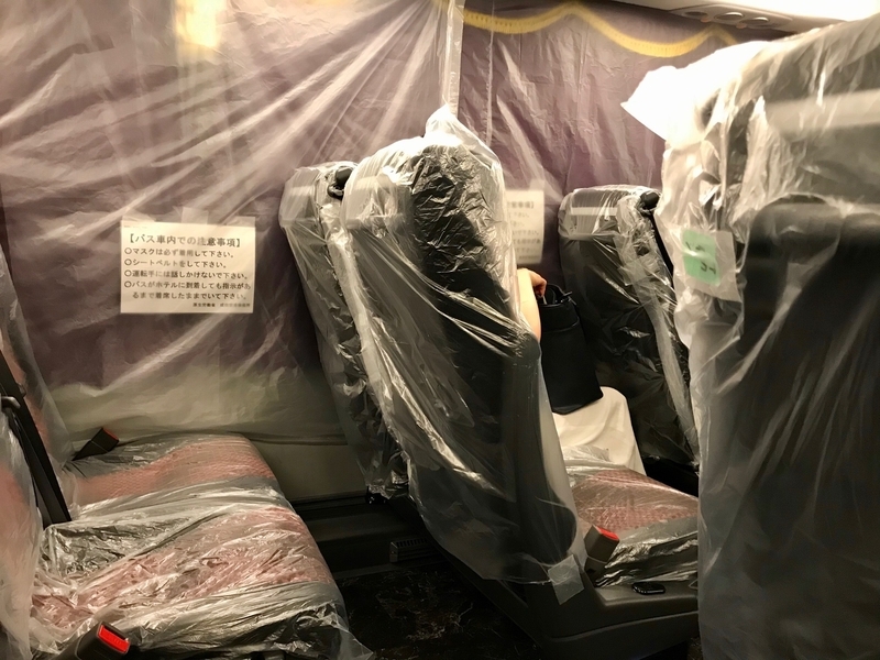 成田空港から、PCR検査の検査結果を待つ間滞在する政府が確保している宿泊施設へ向かうバスの中。全面ビニールシートで覆われていた。筆者撮影