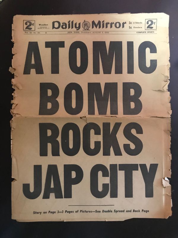 1945年8月7日(火曜日)のニューヨーク・デイリー・ミラー紙の第一面。筆者撮影