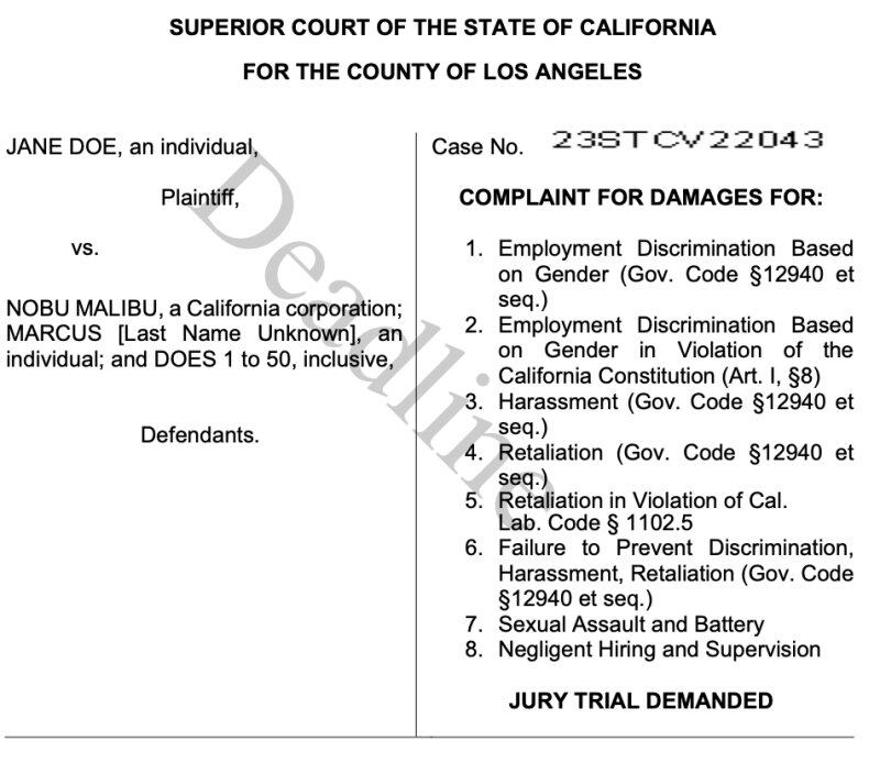 ロサンゼルス郡上級裁判所に提出された訴状。