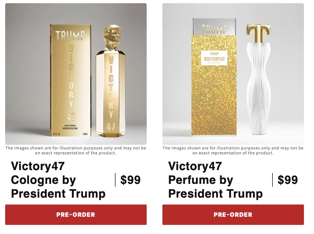 大統領選に勝利して第47代米国大統領になるのを目指しているからだろう、コロンと香水は「Victory47」というネーミング。写真：gettrumpsneaker.com