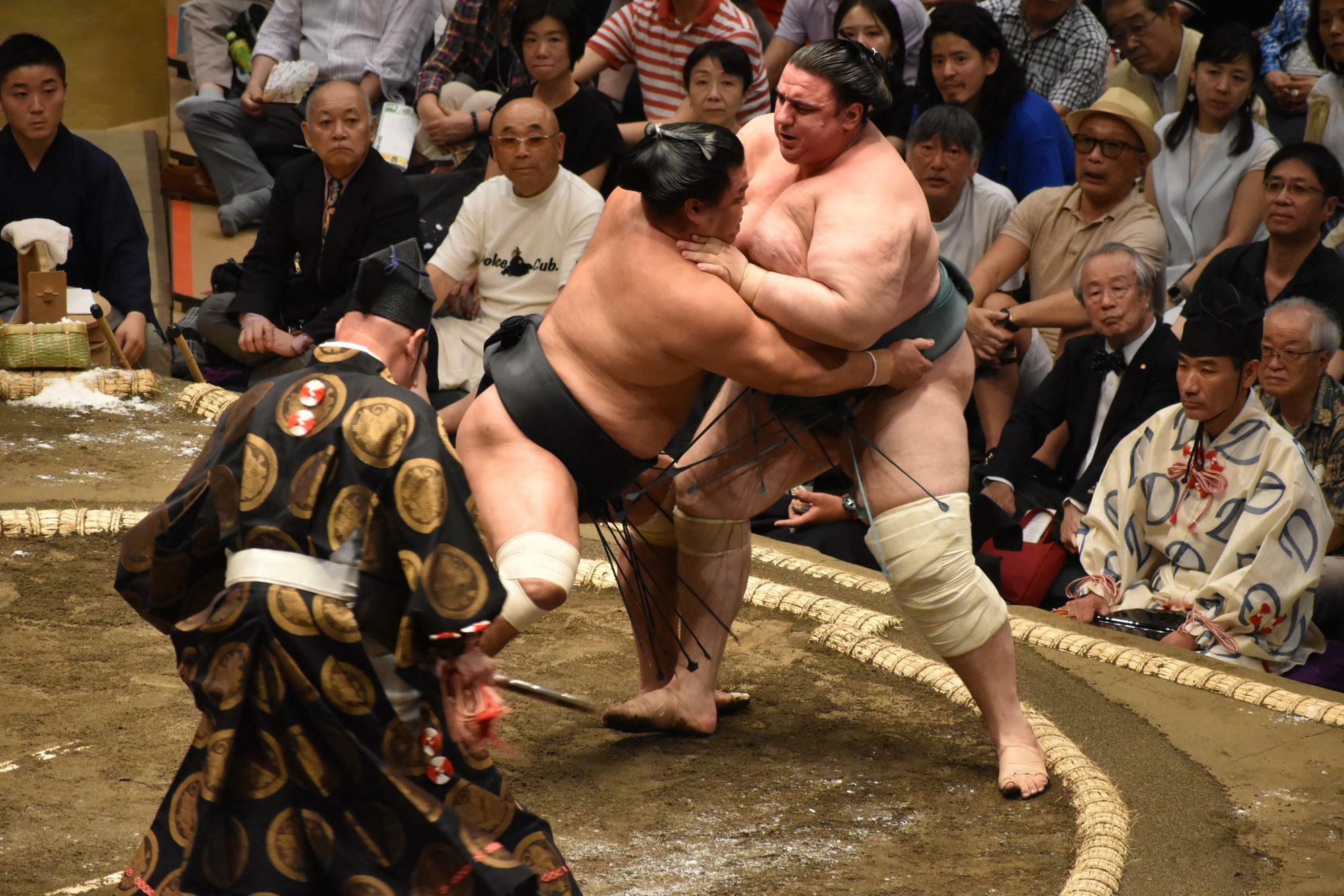 昨年9月場所初日の対戦。妙義龍が碧山を寄り切り、この一番で対戦成績が15-15となった（写真：筆者撮影）