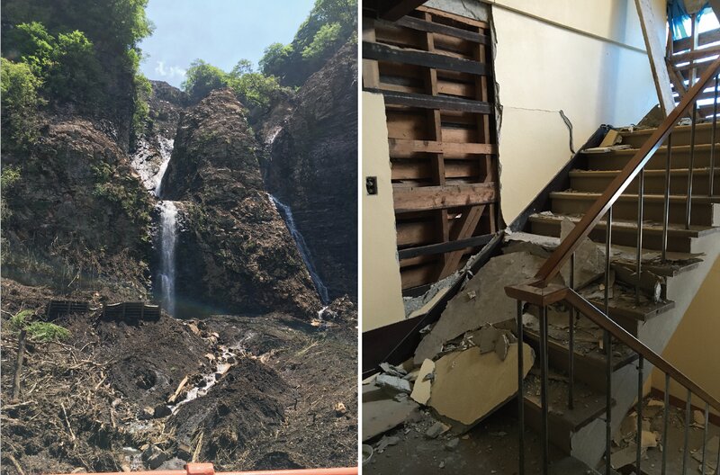 「金龍の滝」（写真左）と建物内の被害も甚大（「垂玉温泉」提供）