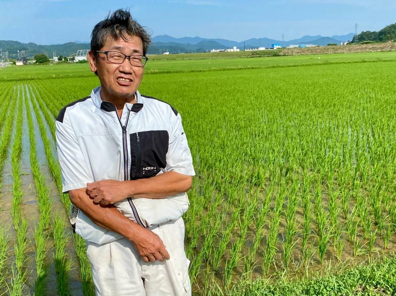 コウノトリ育む農法の水田の前で取材に応じる成田市雄さん（筆者撮影）