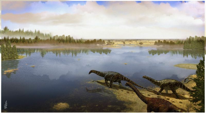 白亜紀前期、ブラジル北東部のアラリペ盆地でティタノサウルスの群れが同じルートを繰り返し行進していたことを再現したイラスト。Illustration by Deverson Silva, Pepi（本人から掲載の使用許諾済み）