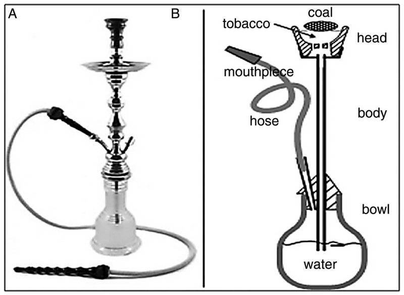 一般的な水タバコの構造。ペースト状になった葉タバコを木炭で熱し、タバコ煙を吸い込む過程で水にくぐらせる。Via: Wasim AMaziak, et al., 