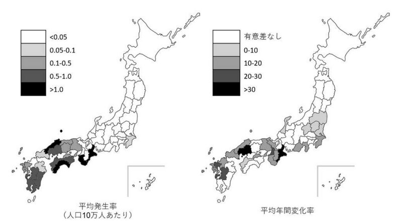各都道府県でみた日本紅斑熱の平均発生率（左）と平均年間変化率（右）。岡山大学のプレスリリースより。