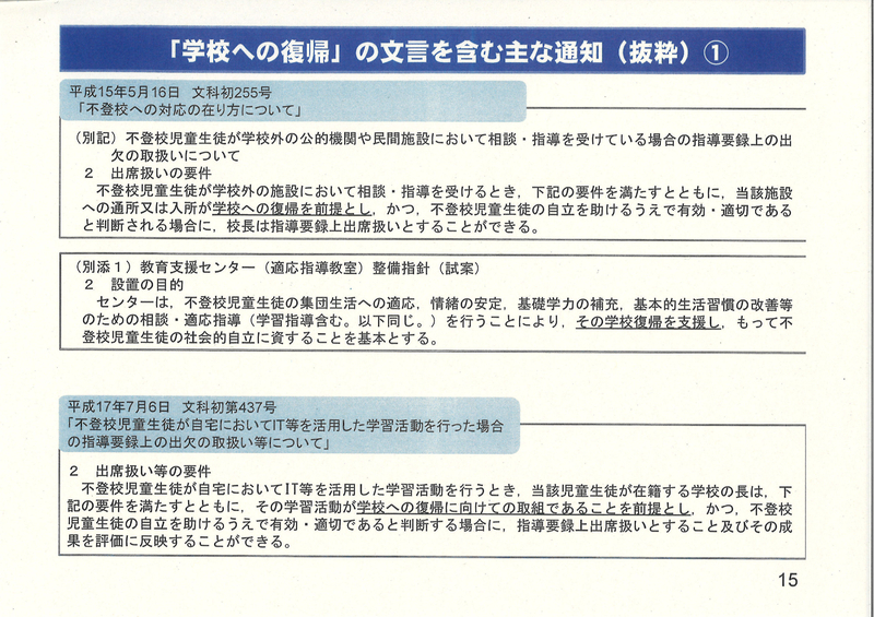 7月11日に文科省が提示した「学校復帰」の文言が含まれた通知（撮影・不登校新聞社）
