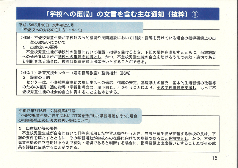7月11日に文科省が提示した「学校復帰」の文言が含まれた通知(撮影・不登校新聞社)