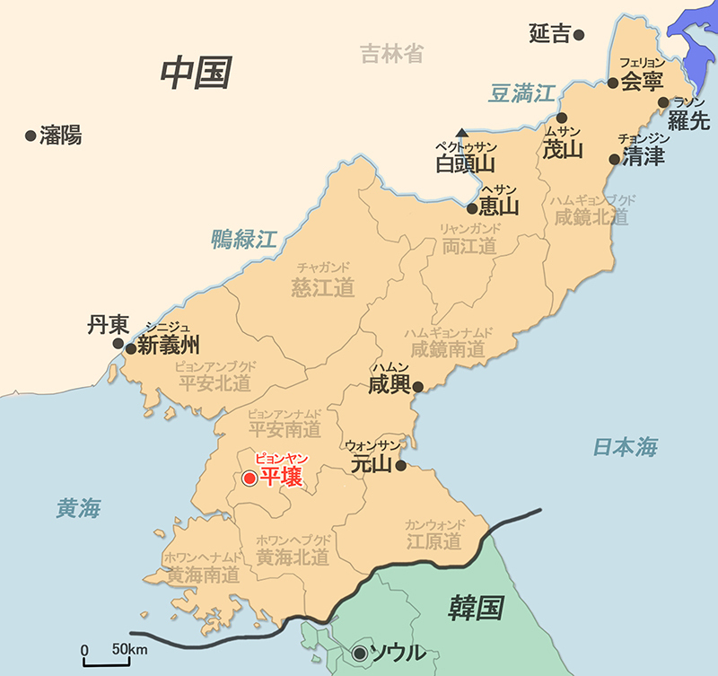 北朝鮮地図 李さんは東部の咸鏡北道に、朴さんは北部の両江道に居住(作成アジアプレス)