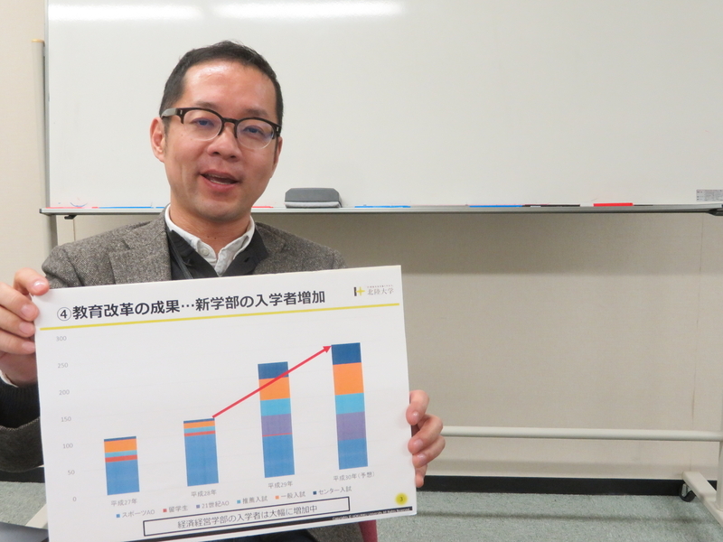 入学者増加を示すフリップを持ちながら説明する山本啓一・経済経営学部長