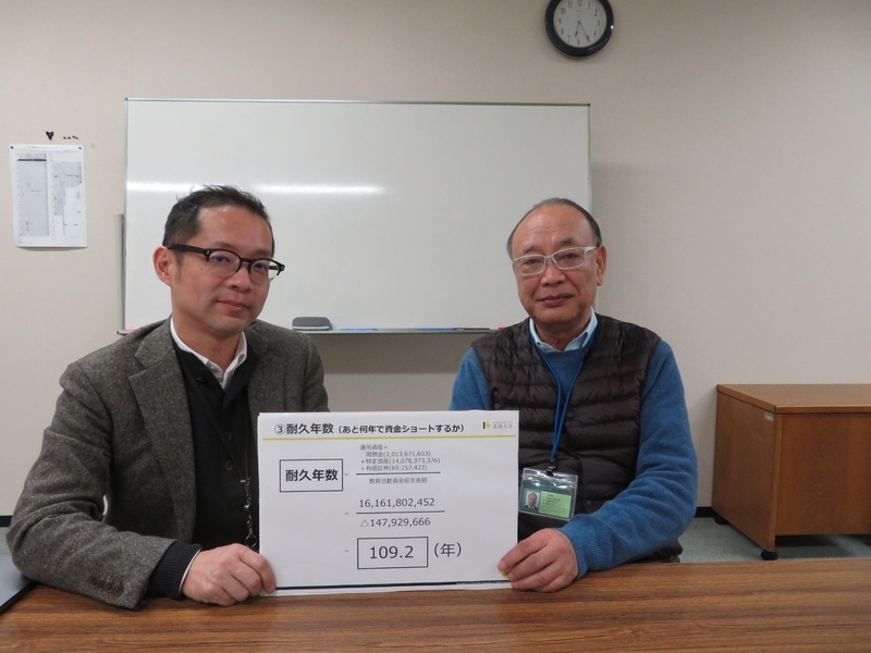 フリップを持ちながら話す桧森副学長と山本学部長。桧森副学長「東経さんの取材はいつでも応じますよ。私、東経から本も出していますし」(著者撮影)