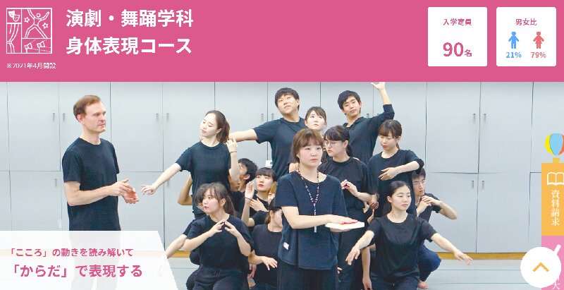 玉川大学芸術学部演劇・舞踊学科身体表現コースのサイトより。どのような教育を展開するのか、はっきりしている。